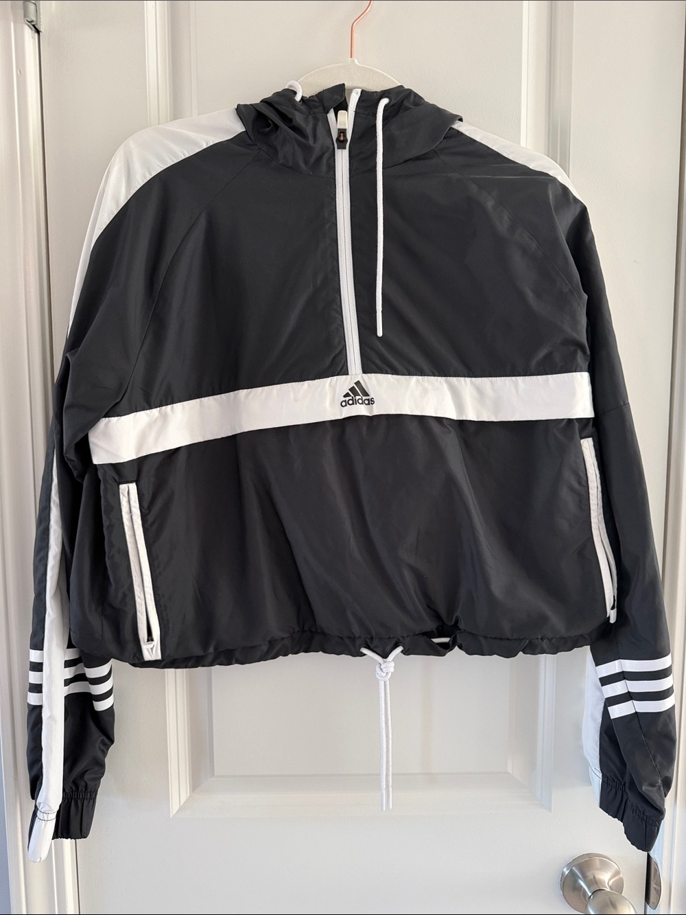 adidas Black and White Hooded windbreaker Pullover Jacket